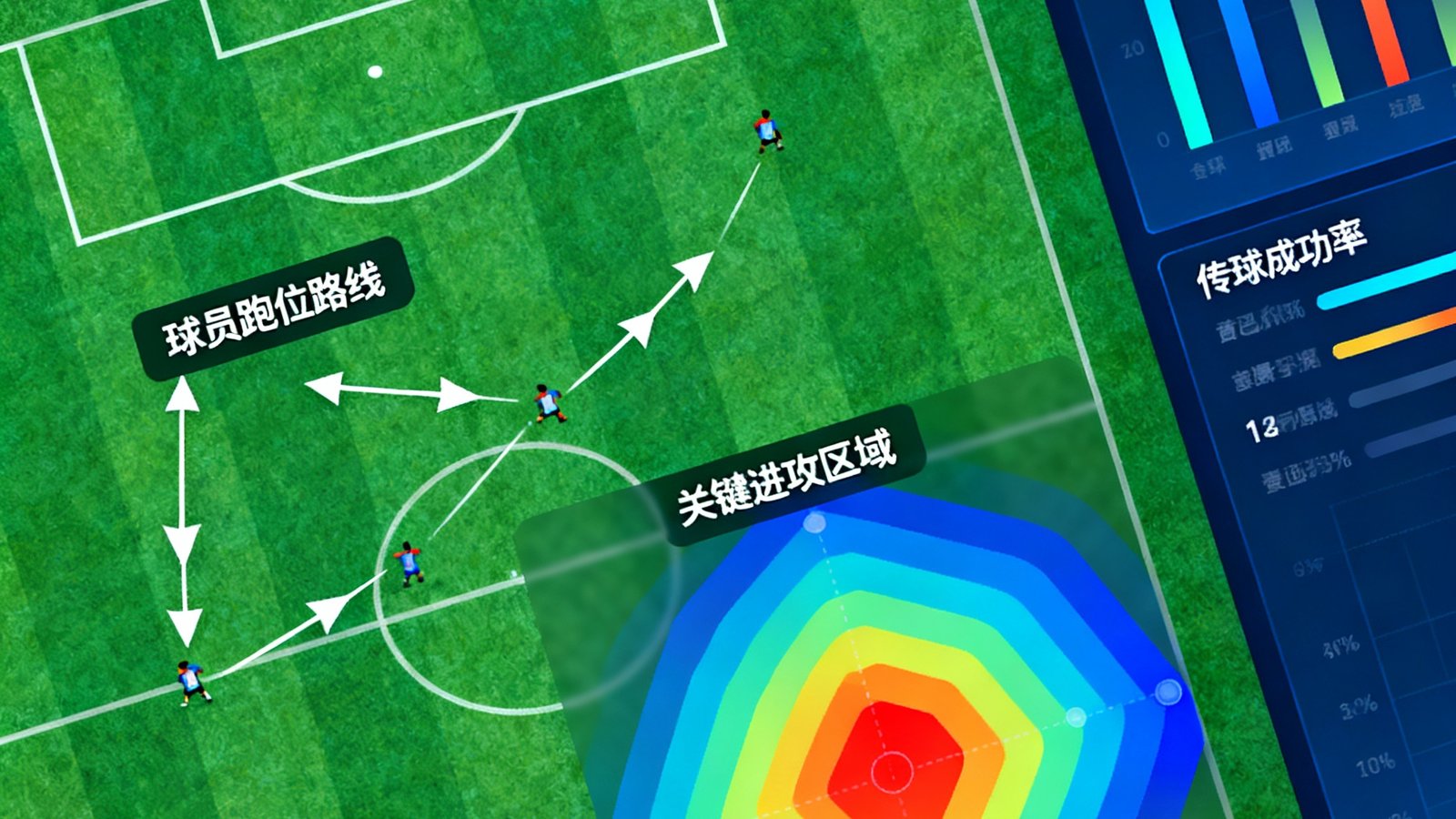 一张展示足球战术板与热力图叠加的深度分析界面，标注了球员跑位路线、传球成功率以及关键进攻区域的可视化数据图表