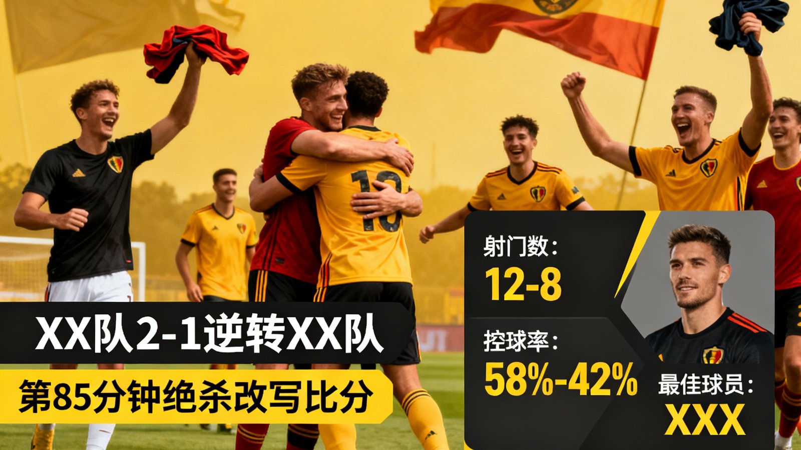 一场激情四射的足球比赛结束后球员庆祝的画面，配以图文战报摘要和关键数据卡片，展示比赛胜负与精彩瞬间